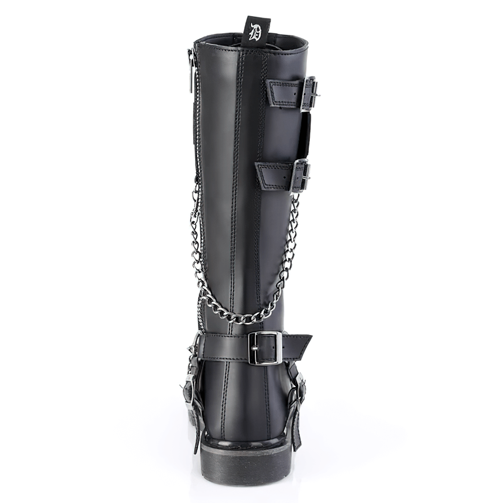 Back view of DEMONIA Knee-High Punk Boots with chains, buckles, and a sleek vegan leather finish.