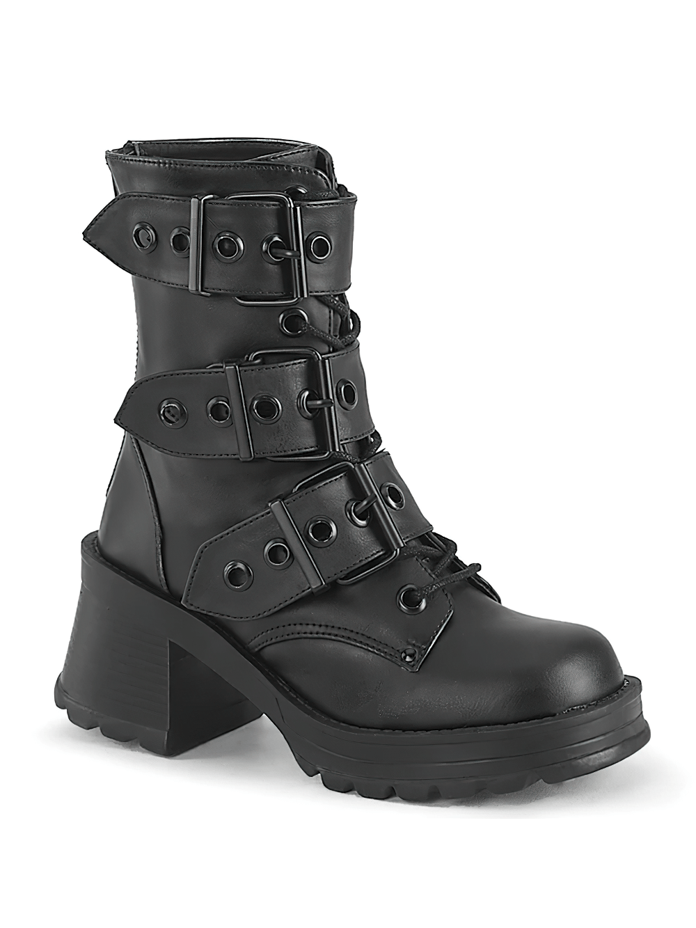 Demonia rock vegan leather black ankle boots with eyelet straps and chunky heel for a stylish edgy look.