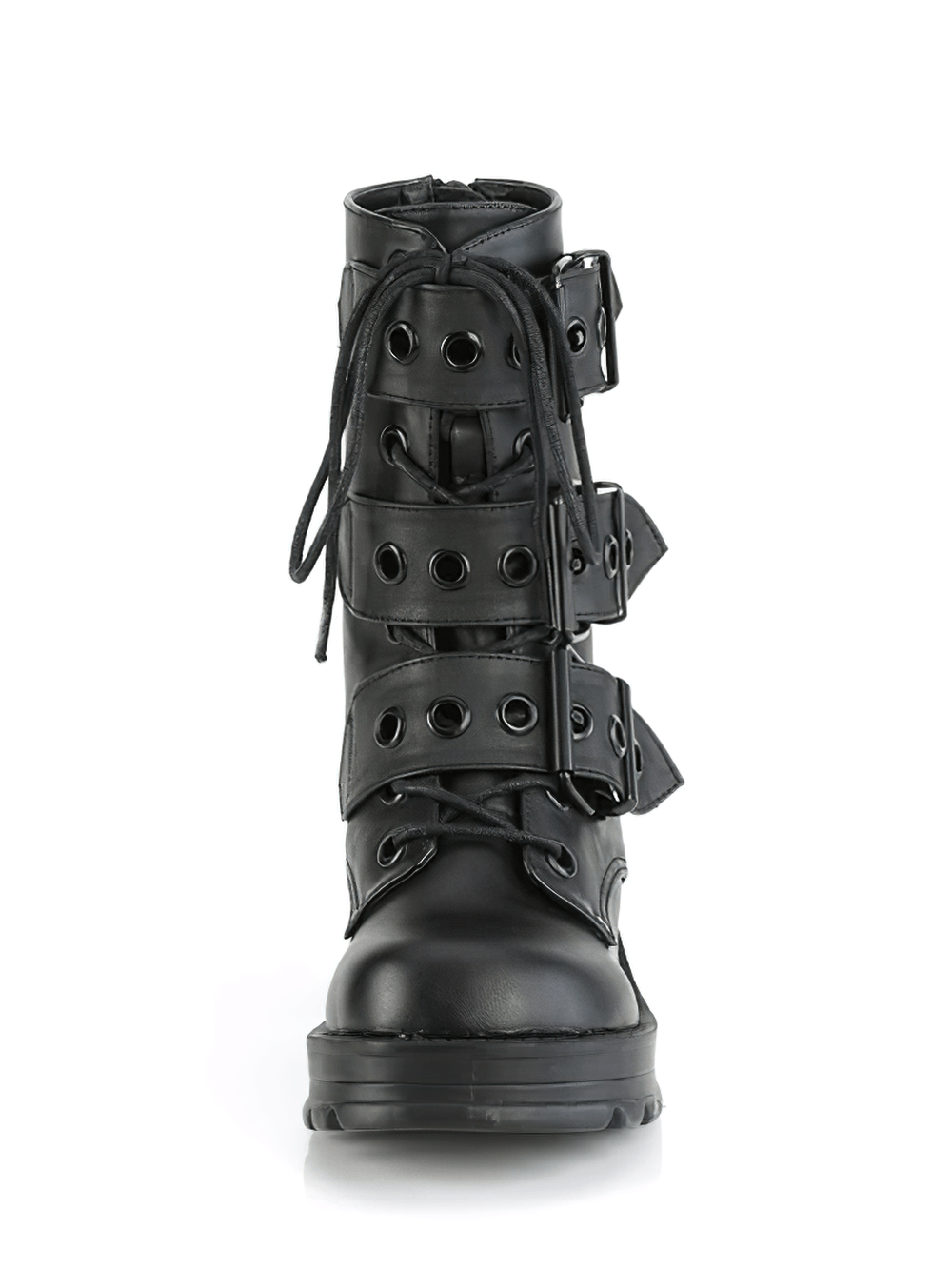 Demonia rock-style black ankle boots with eyelet straps and chunky heel, showcasing an edgy lace-up design.
