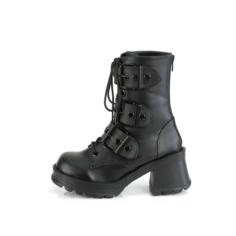 Demonia Rock vegan leather ankle boots with chunky heel and eyelet straps, perfect for a trendy, industrial look.