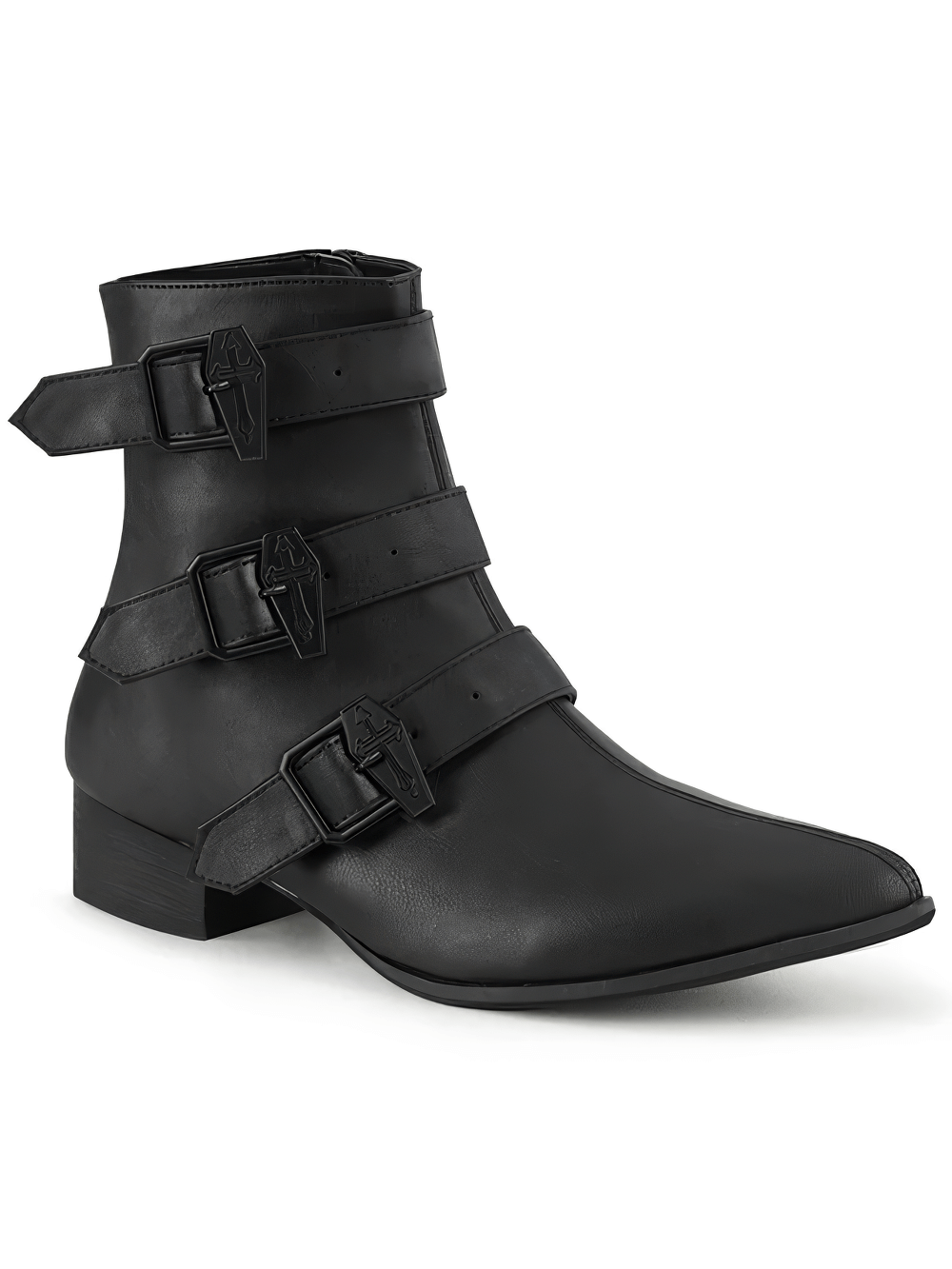 Pointed toe black ankle boots with triple coffin buckles for a gothic vibe. Crafted from vegan leather, ideal for alternative fashion.