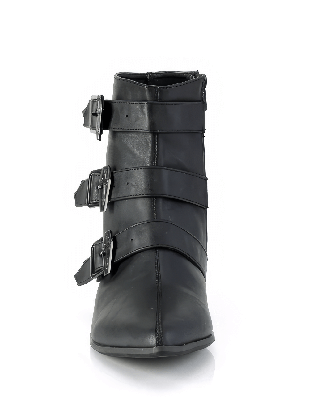 Demonia gothic ankle boots with coffin buckles, pointed toe, and black vegan leather design.