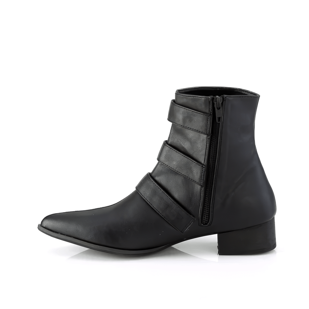Black gothic ankle boots with coffin buckles, pointed toe, and block heel for a stylish look.