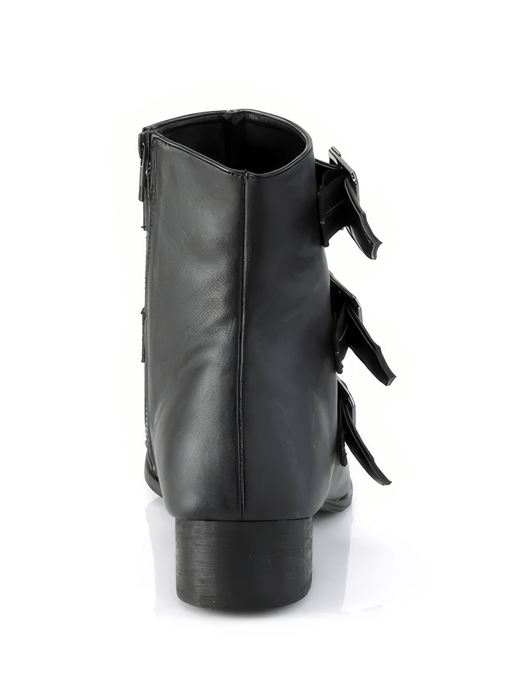 Back view of Demonia gothic style black ankle boots with coffin buckle straps and block heel.