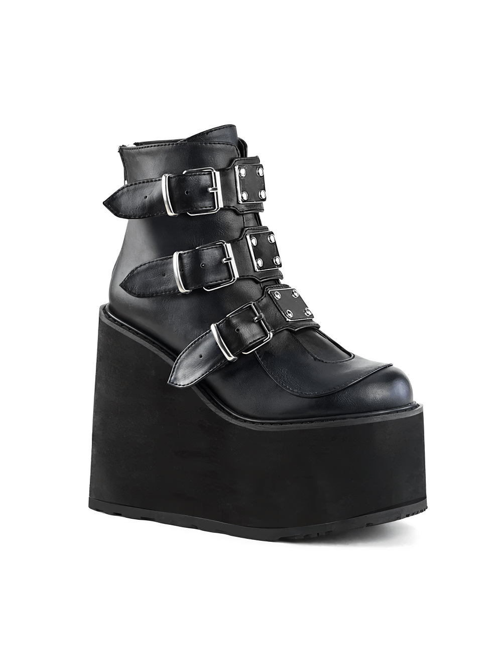 Demonia women's black vegan leather wedge platform ankle boots with triple buckle straps and silver chrome accents.
