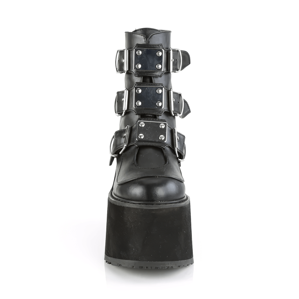 Daring Demonia Silver Chrome Strap Wedge Platform Ankle Boots with triple buckle design and sleek black finish.
