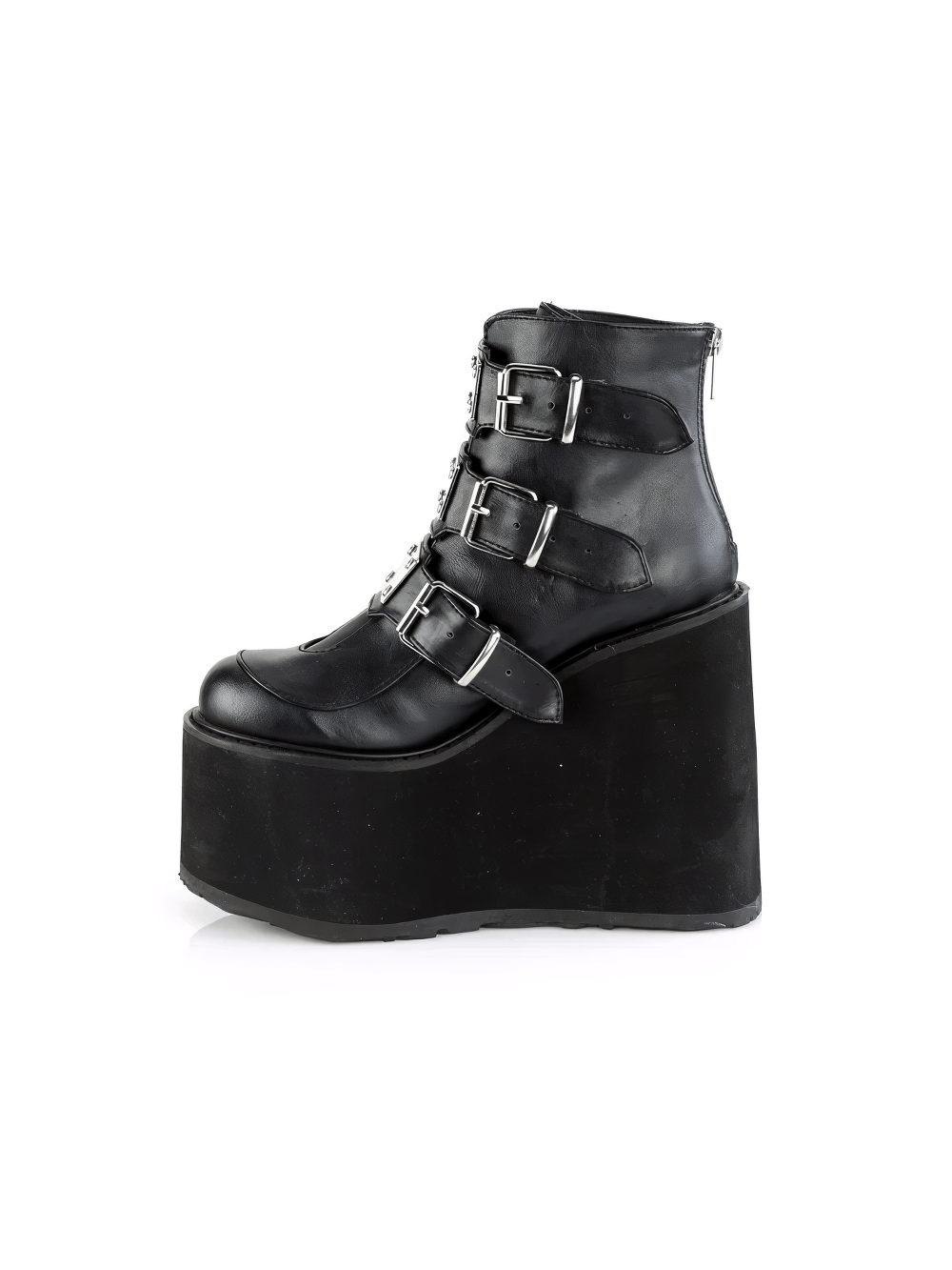 Demonia women's silver chrome strap wedge platform ankle boots in black PU leather with triple buckles.