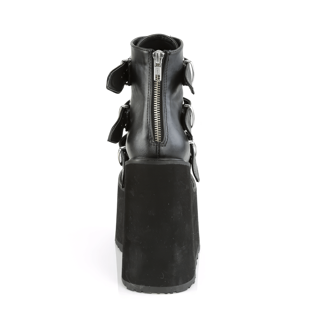 Demonia silver chrome buckle wedge platform ankle boots with a back zip closure in black vegan leather.