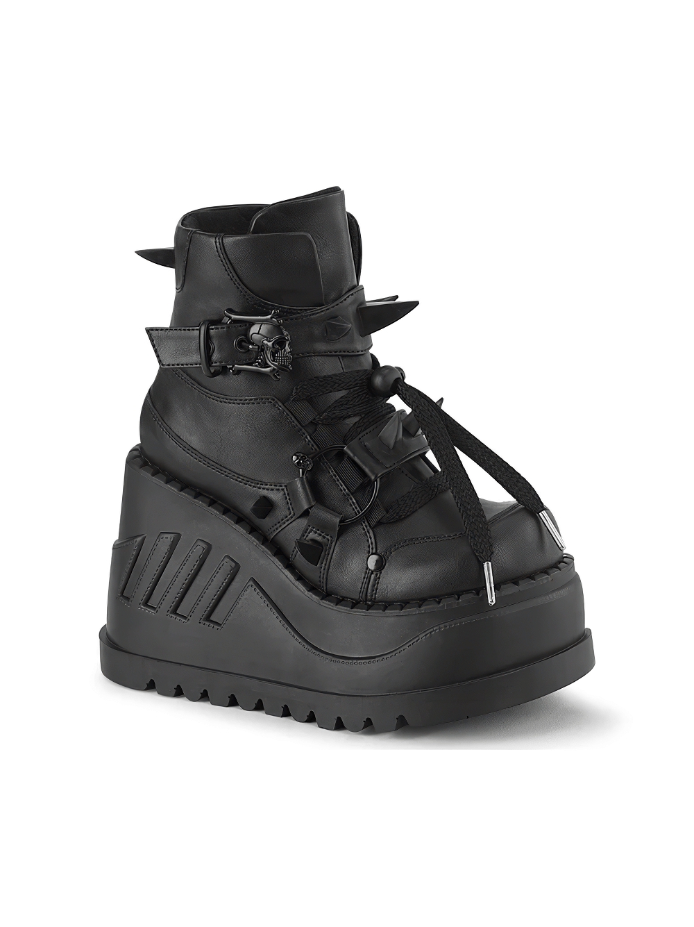 Demonia women's black leather ankle boots with skull buckles and claw spikes, featuring a 4 3/4" wedge platform.