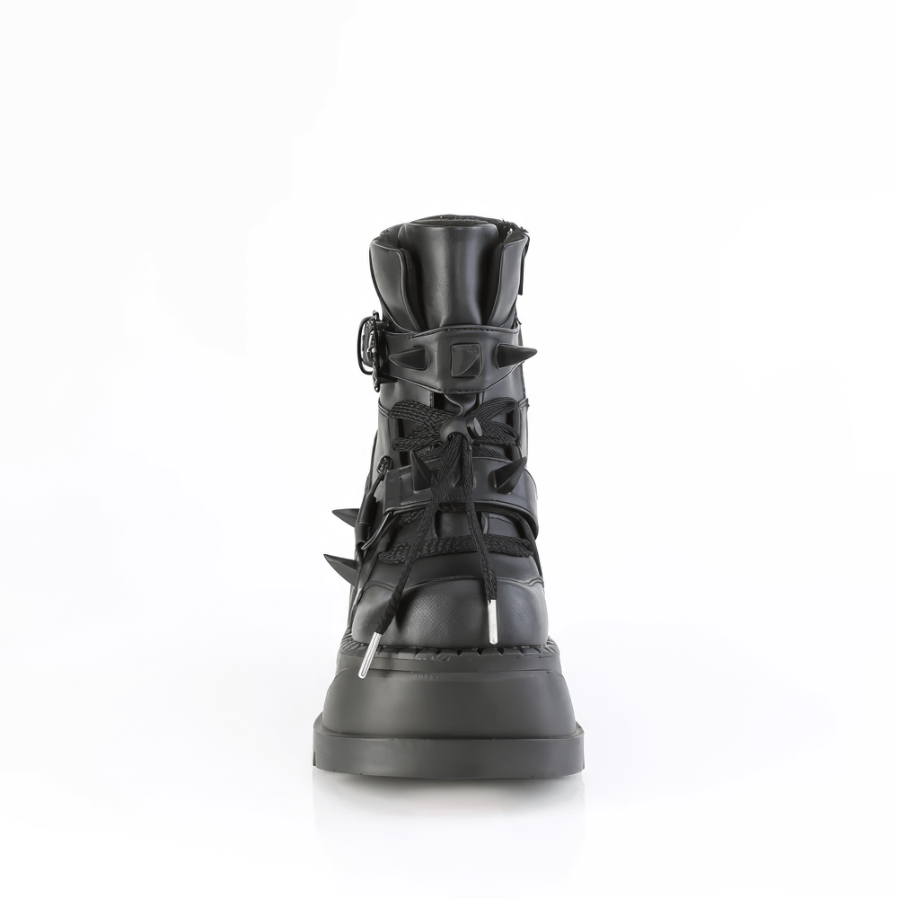 DEMONIA Skull-Buckled Ankle Boots with Claw Spike Details