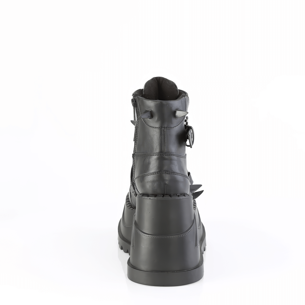 Back view of Demonia women's ankle boots with claw spikes and skull buckles for a gothic look.