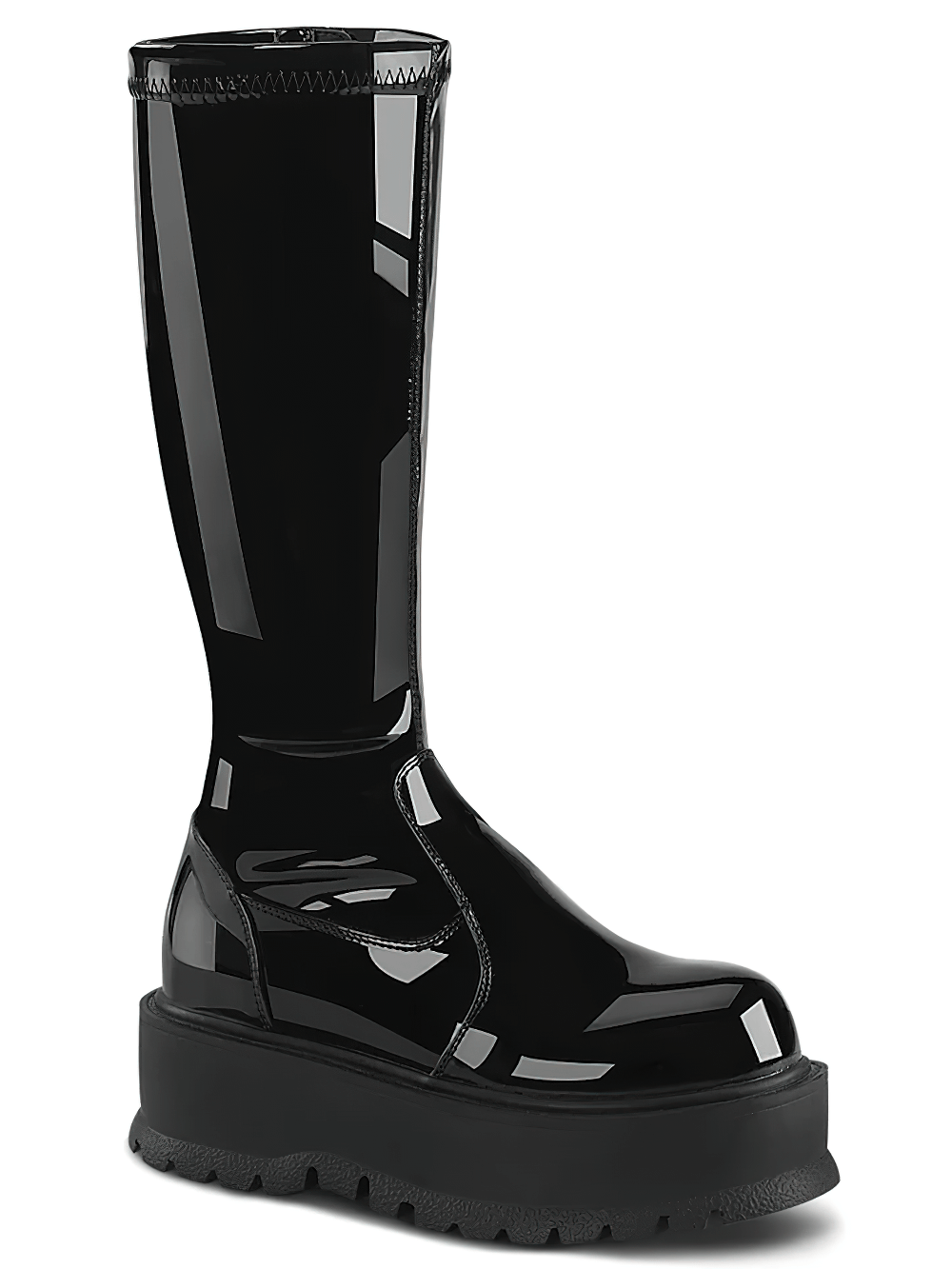 DEMONIA Sleek Black Patent Knee-High Platform Boots