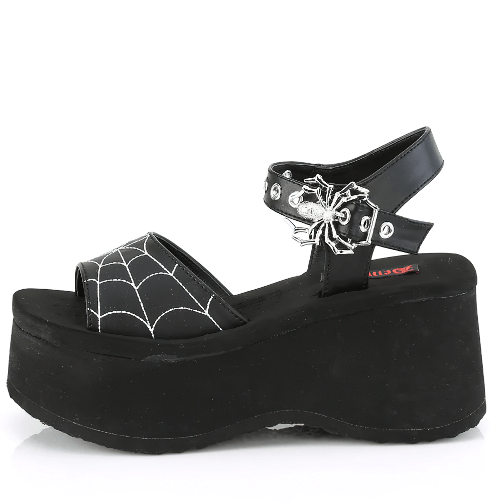 DEMONIA Spider Buckle Platform Sandals with Web Design