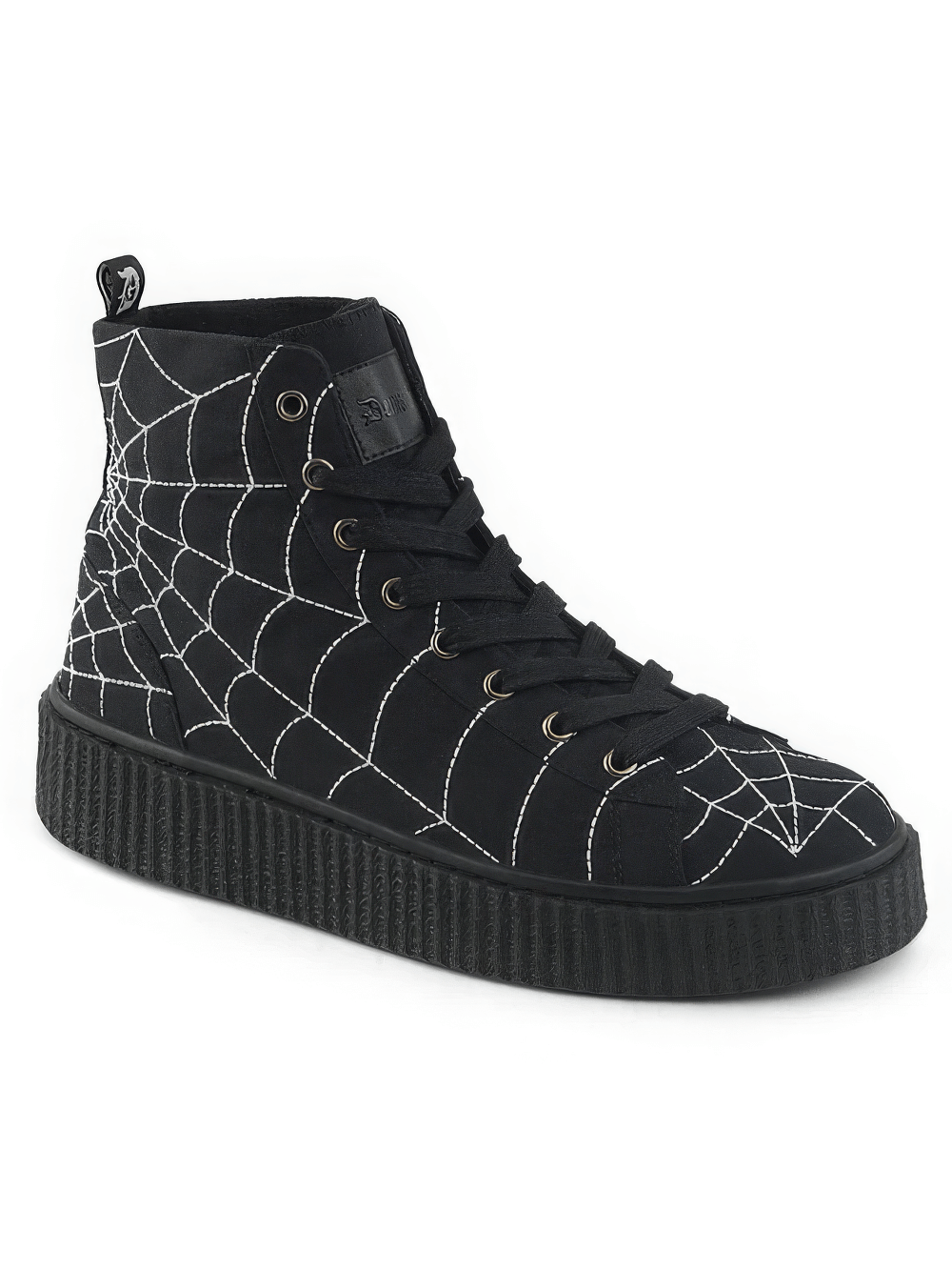 Demonia Spider Web High-Top Platform Sneakers with lace-up front and embroidered spider web design.