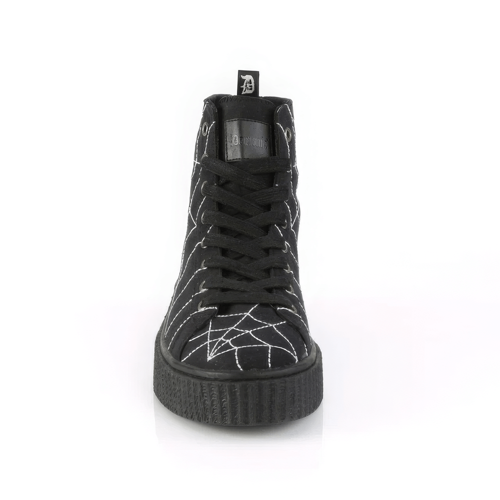 Demonia Spider Web High-Top Platform Sneakers in black with spider web design, lace-up front and textured rubber sole.