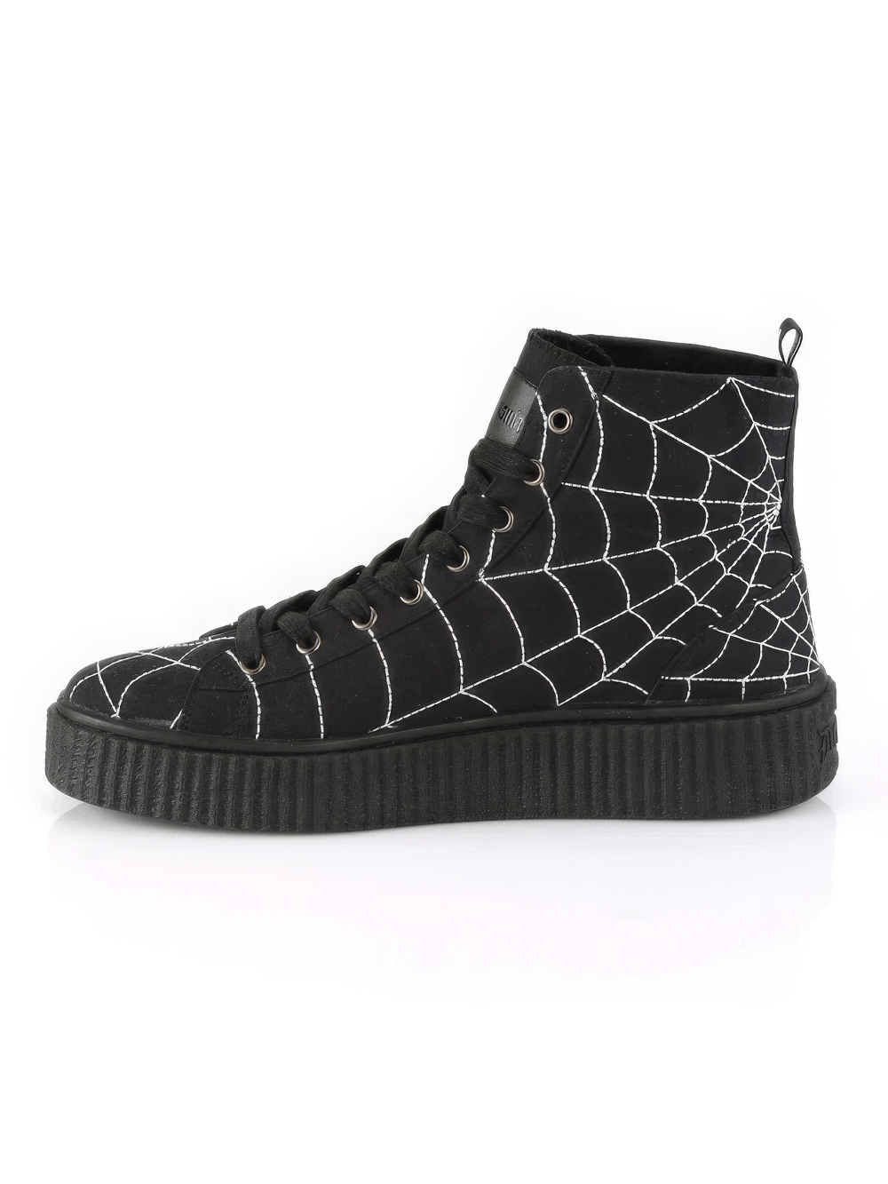 Demonia Spider Web High-Top Platform Sneakers with lace-up front and eye-catching web design.