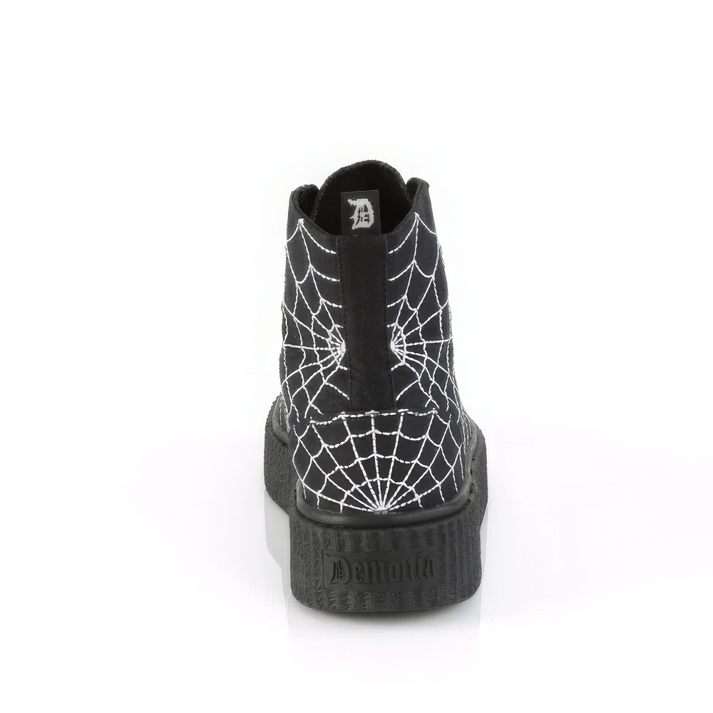 Back view of Demonia Spider Web High-Top Platform Sneakers with embroidered web design and chunky rubber sole.