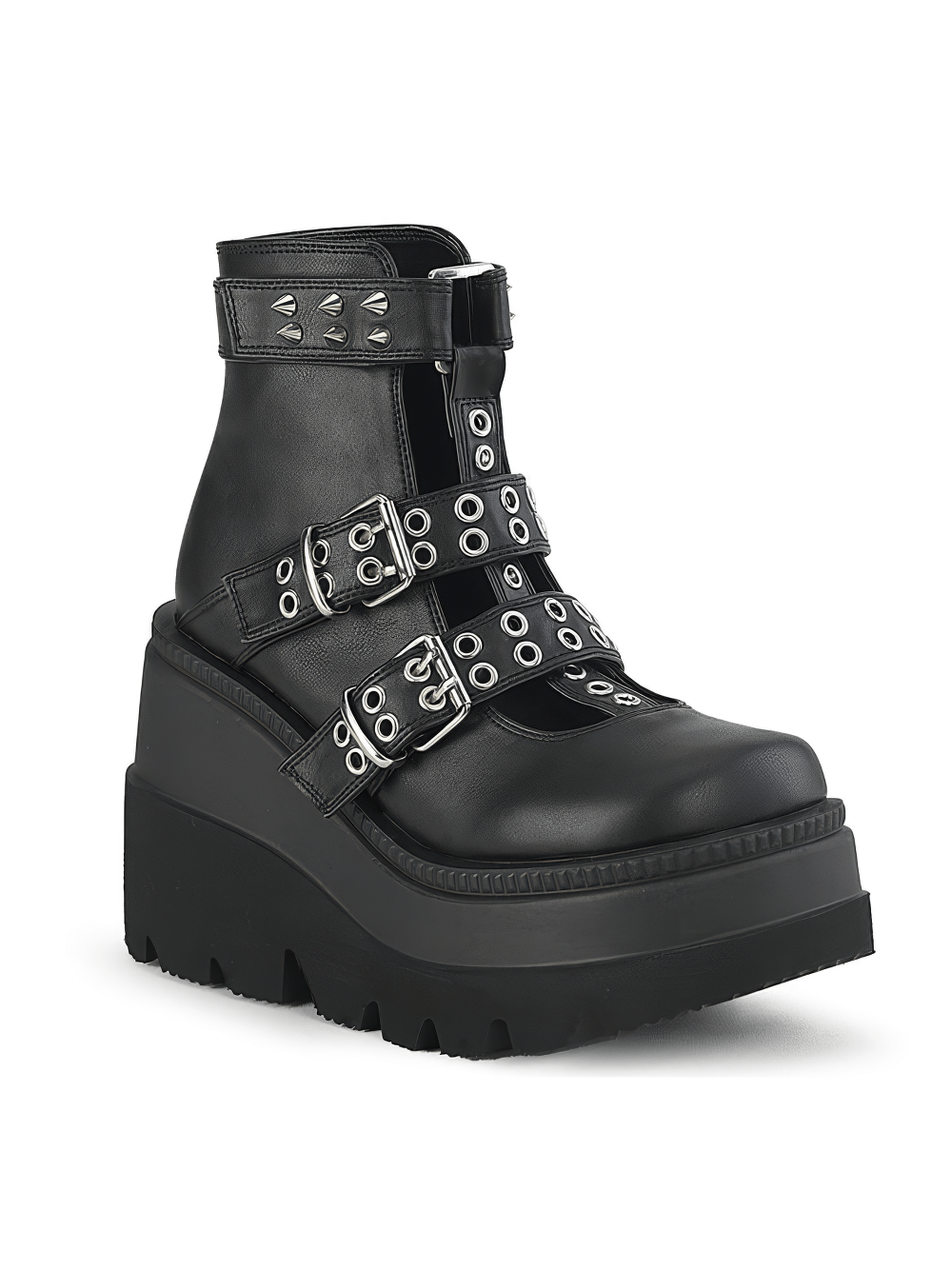 Demonia black platform ankle boots with spikes and double grommet buckle straps, 4 1/2" wedge for a bold style.