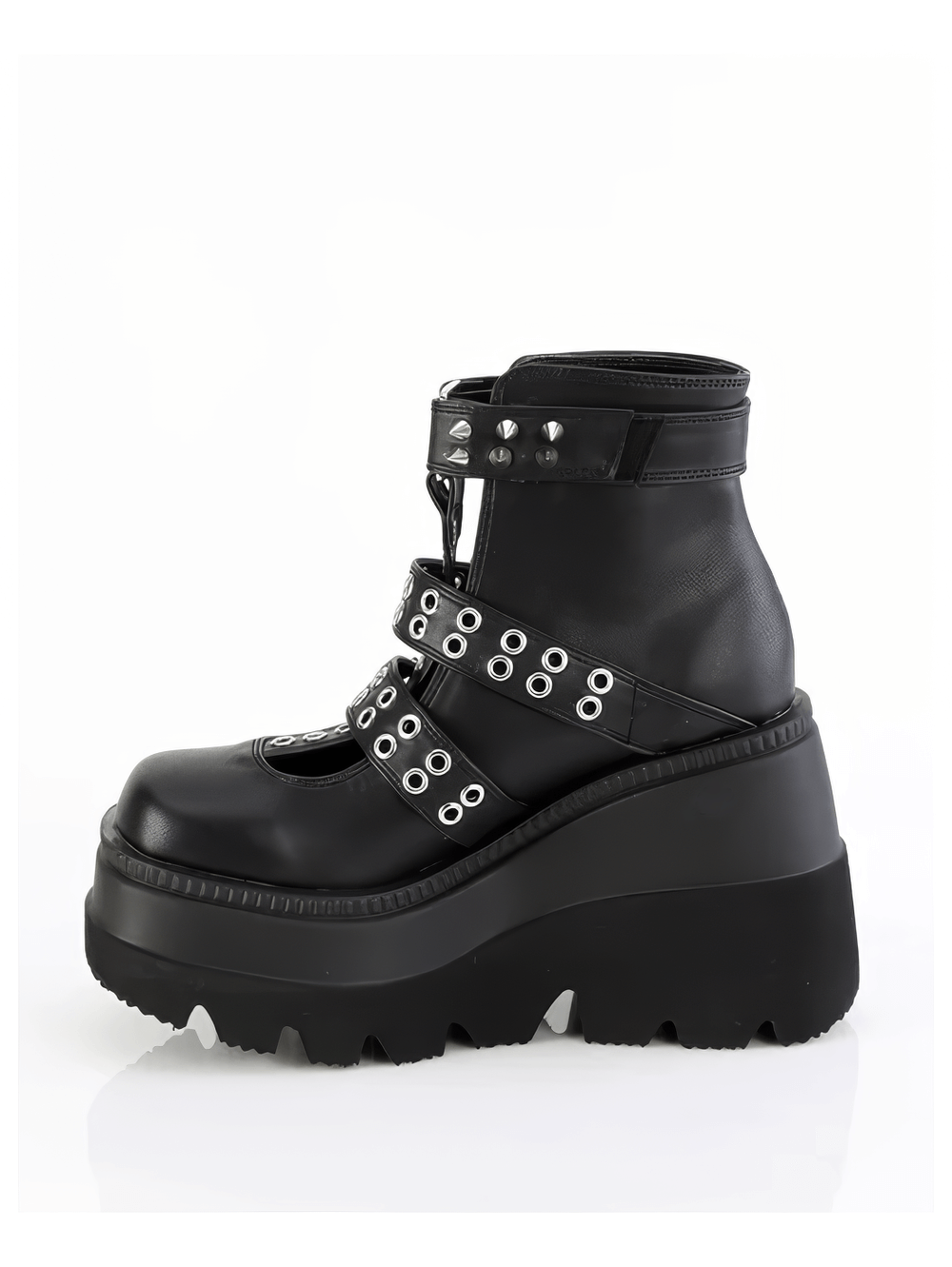 Demonia spike-adorned black wedge platform ankle boots with double grommet straps and a sleek metal back zip.