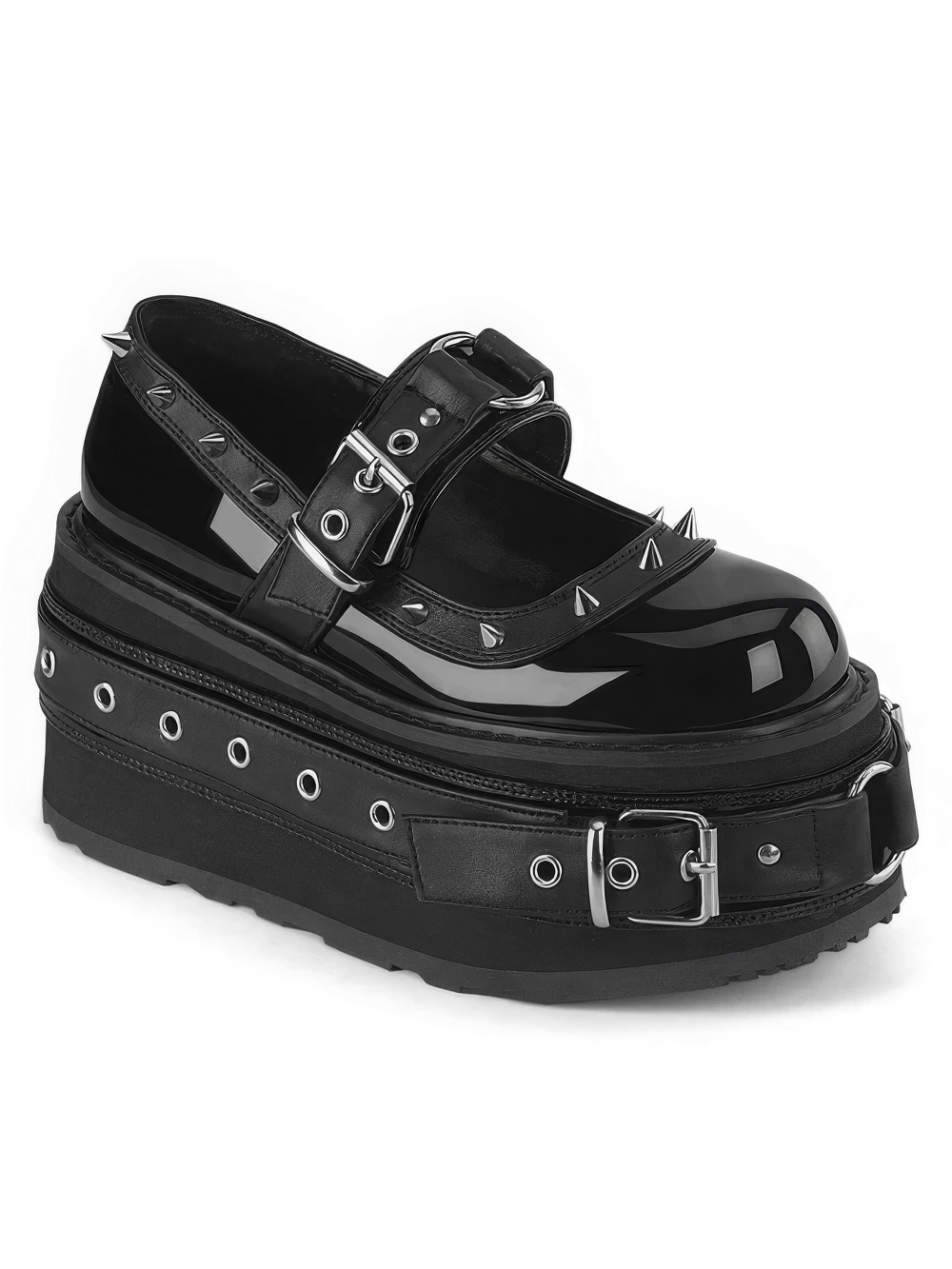 Demonia spiked platform Mary Jane shoes with O-ring detail and bold buckle straps.