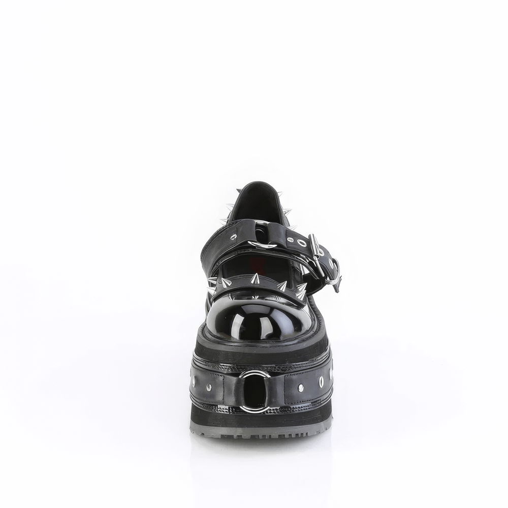 Back view of DEMONIA Spiked Platform Mary Jane shoes with O-ring buckle and cone spikes, showcasing edgy fashion.