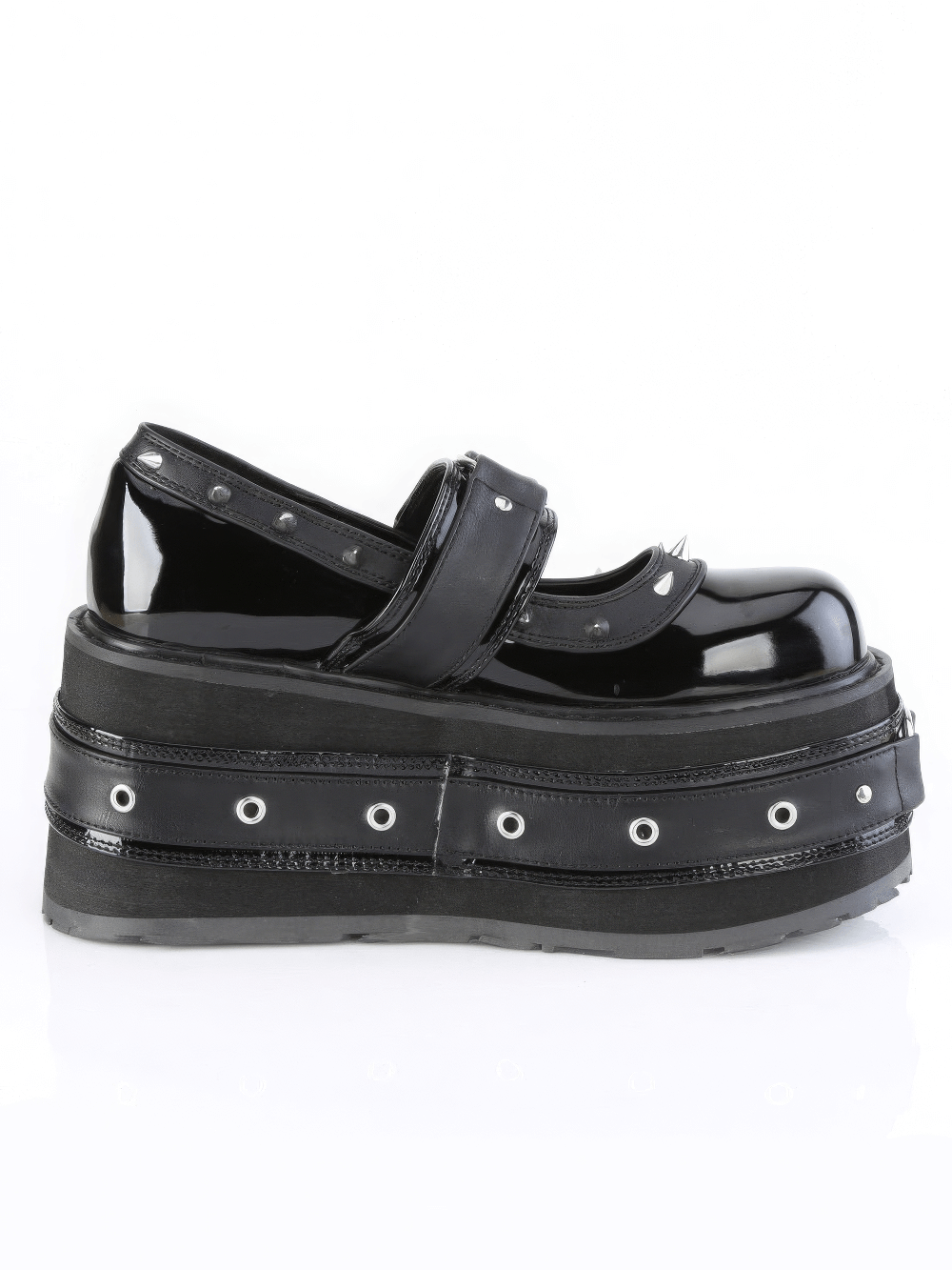 Demonia spiked platform Mary Jane shoes featuring O-ring detail and metal eyelets, perfect for bold fashion statements.