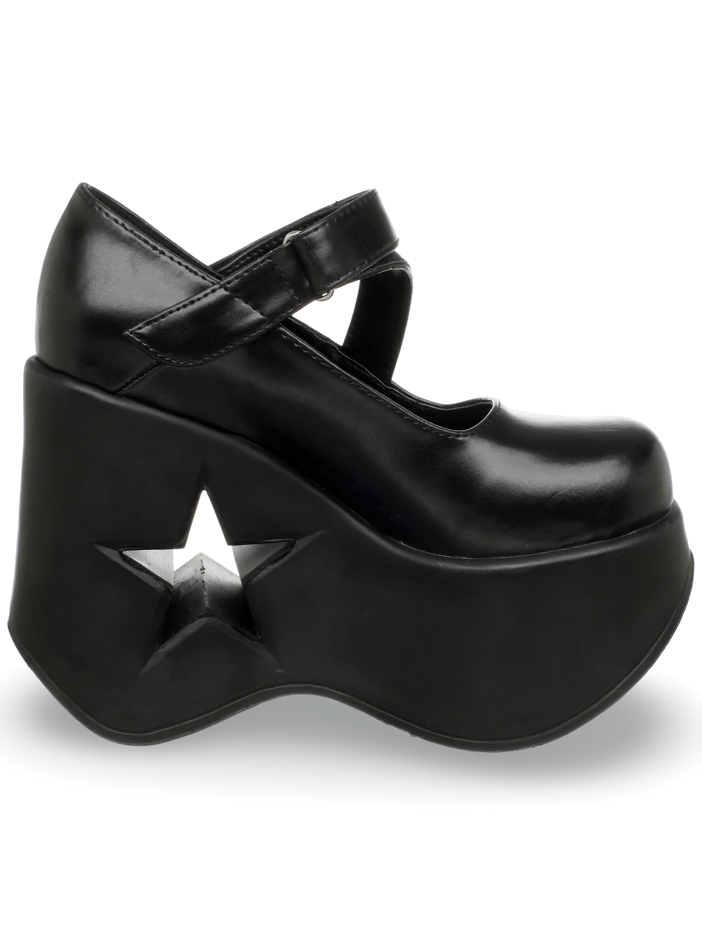 Demonia Black Wedge Mary Jane Shoes with Star Cutout, Gothic Vegan Leather, 5.25-inch heel, punk style.