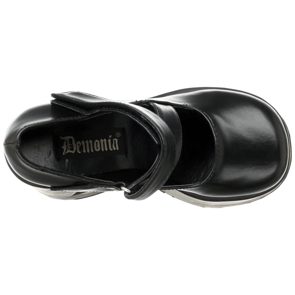 Top view of Demonia Star Cutout Black Wedge Mary Jane Shoes, featuring a classic strap and glossy vegan leather.