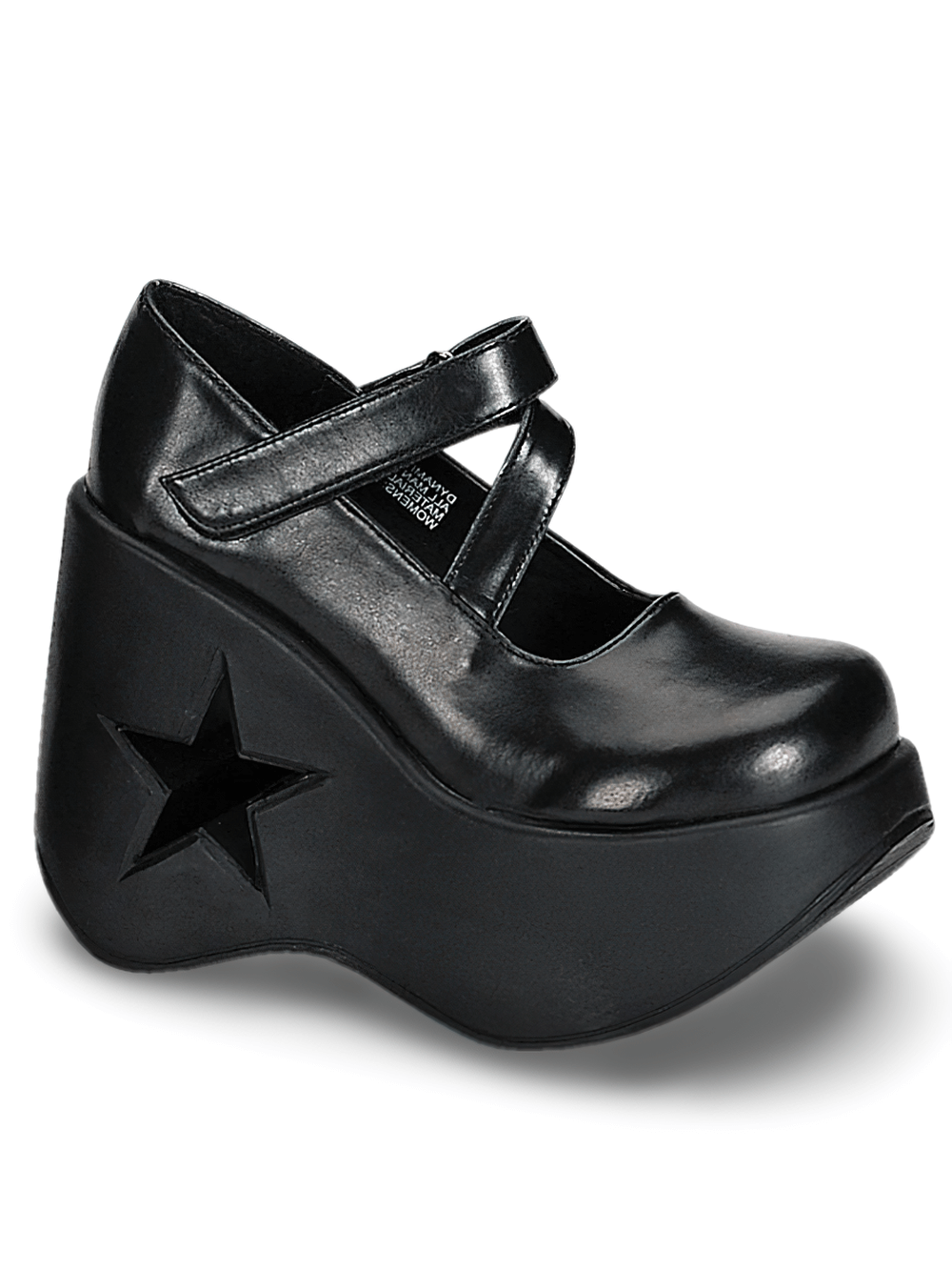 Demonia black wedge Mary Jane shoes with star cutout in vegan leather and classic strap design.