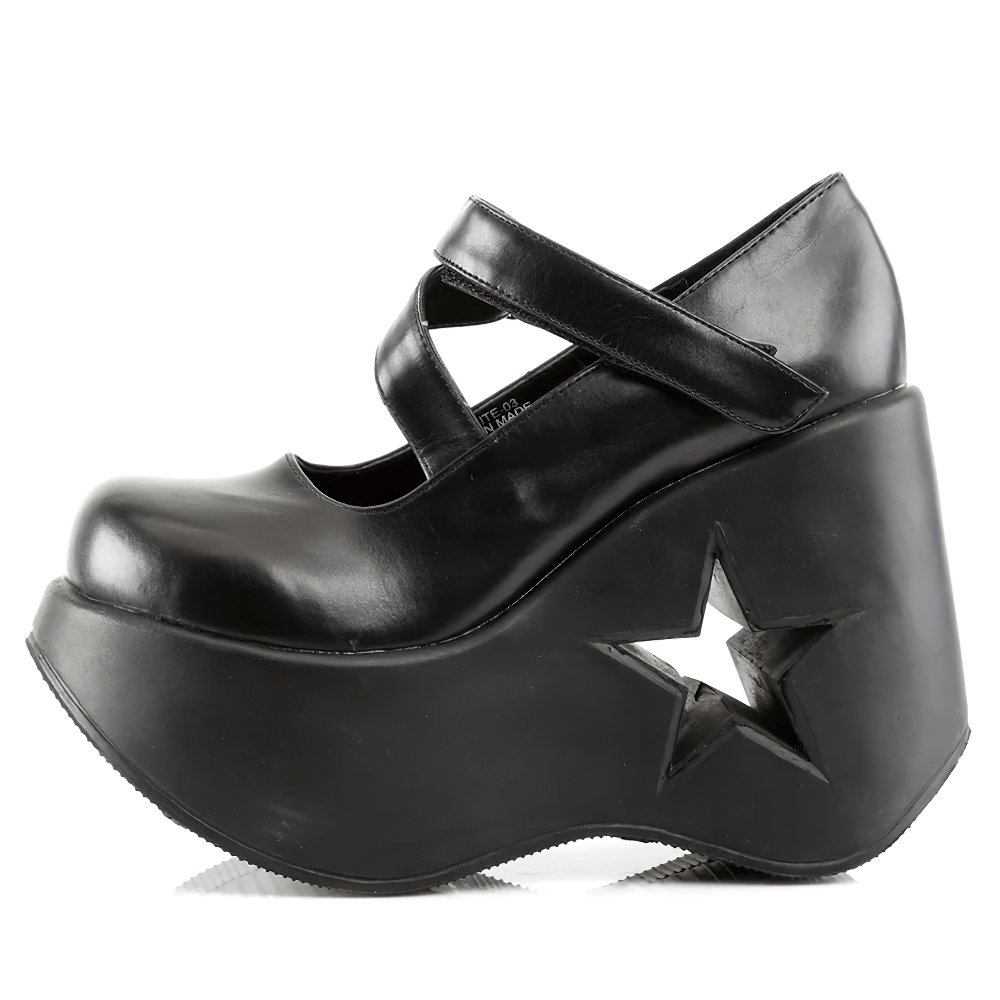 Gothic black wedge Mary Jane shoes with star cutout, crafted from vegan leather, perfect for bold fashion statements.