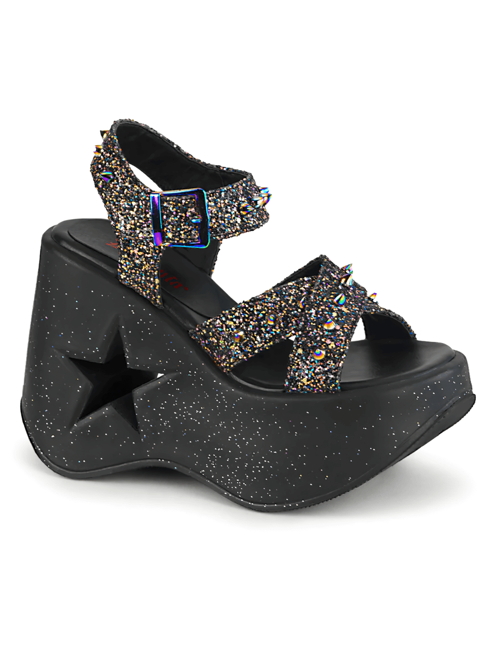 DEMONIA Star Cutout Glitter Wedge Sandals with Spikes