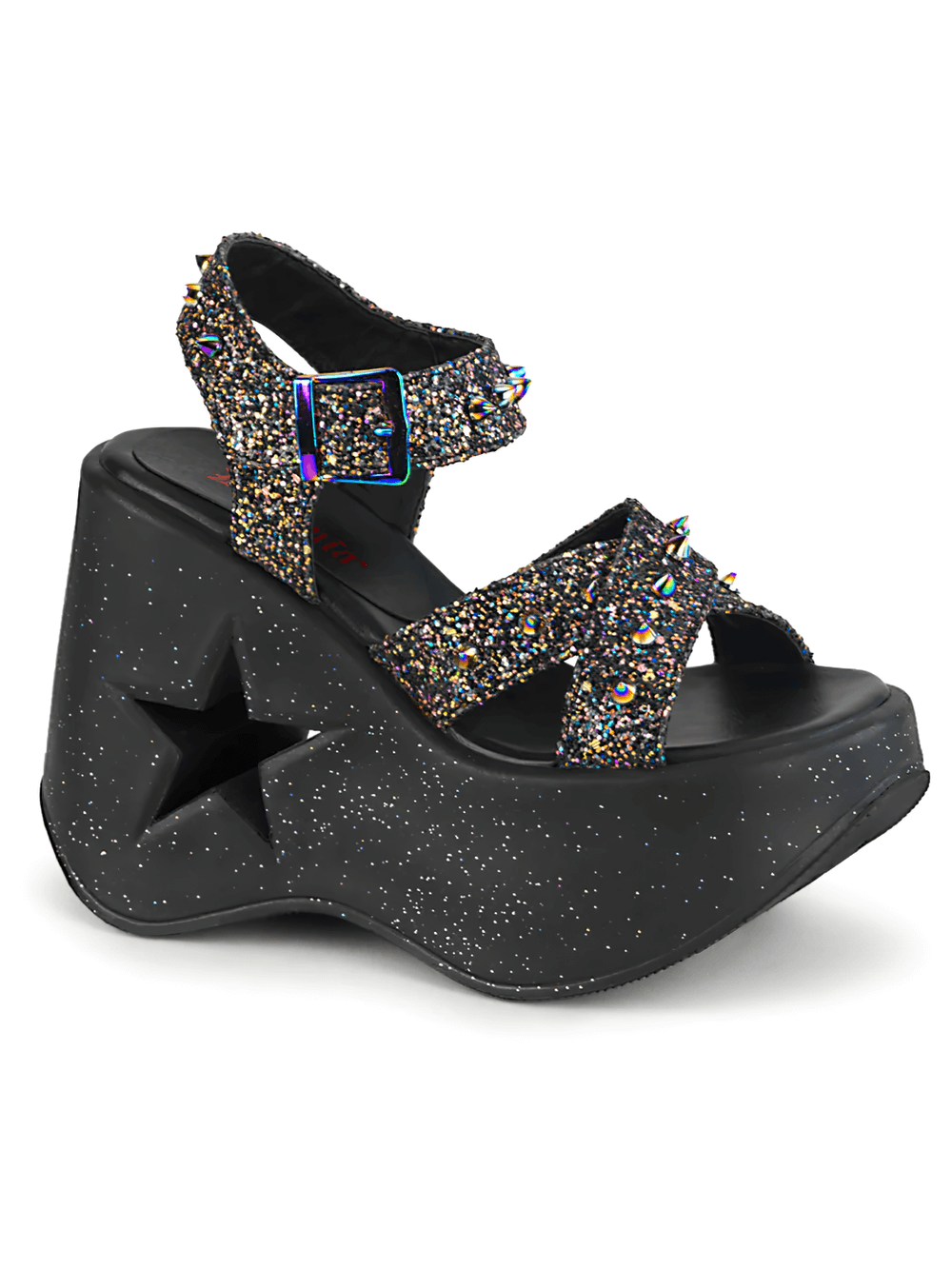 Demonia glitter wedge sandals with star cutout and spikes, perfect for a bold and edgy fashion statement.