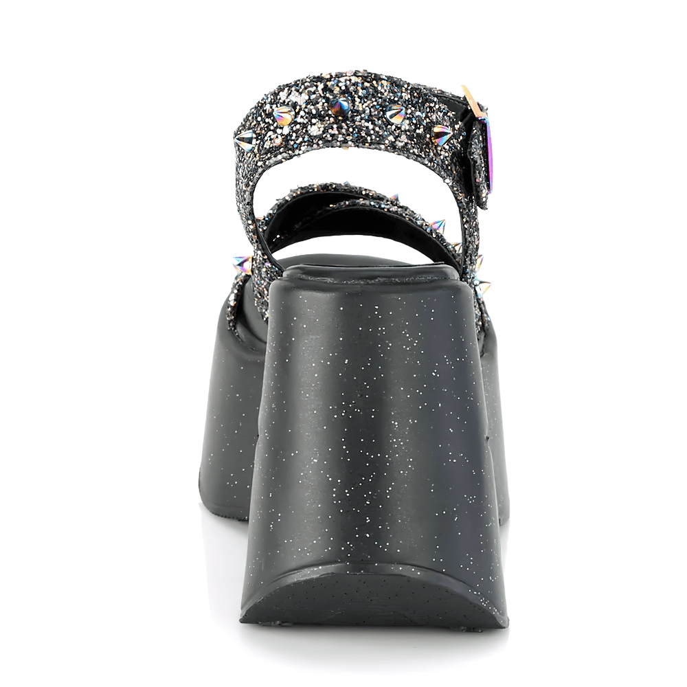 Back view of Demonia Star Cutout Glitter Wedge Sandals with spikes, showcasing shimmering black multi-glitter and bold design.