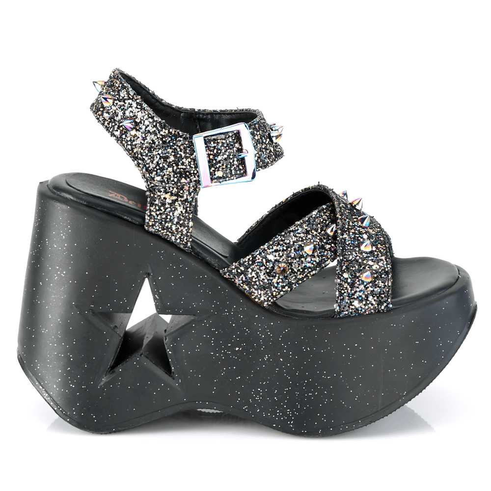 DEMONIA Star Cutout Glitter Wedge Sandals with Spikes