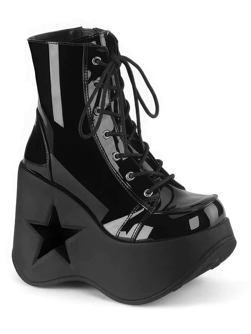 Demonia star cutout platform lace-up ankle boots in black patent vegan leather, featuring bold star design.