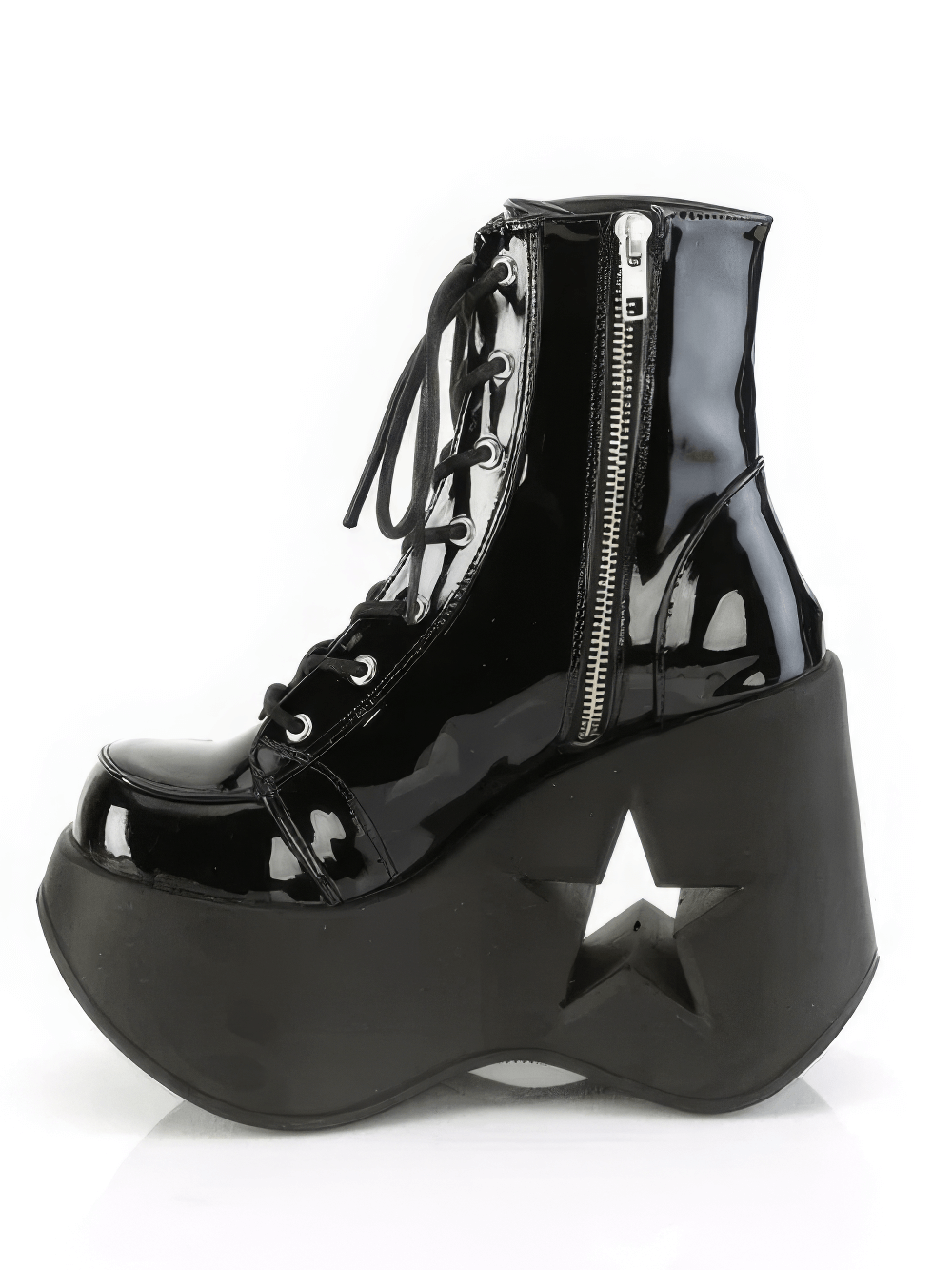 Black patent vegan leather ankle boots with star cutout platform and lace-up design, perfect for a bold, gothic statement.