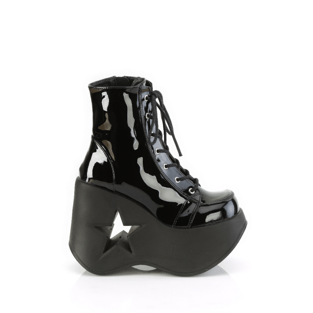 Gothic Demonia ankle boots with star cutout platform, lace-up black patent vegan leather design.