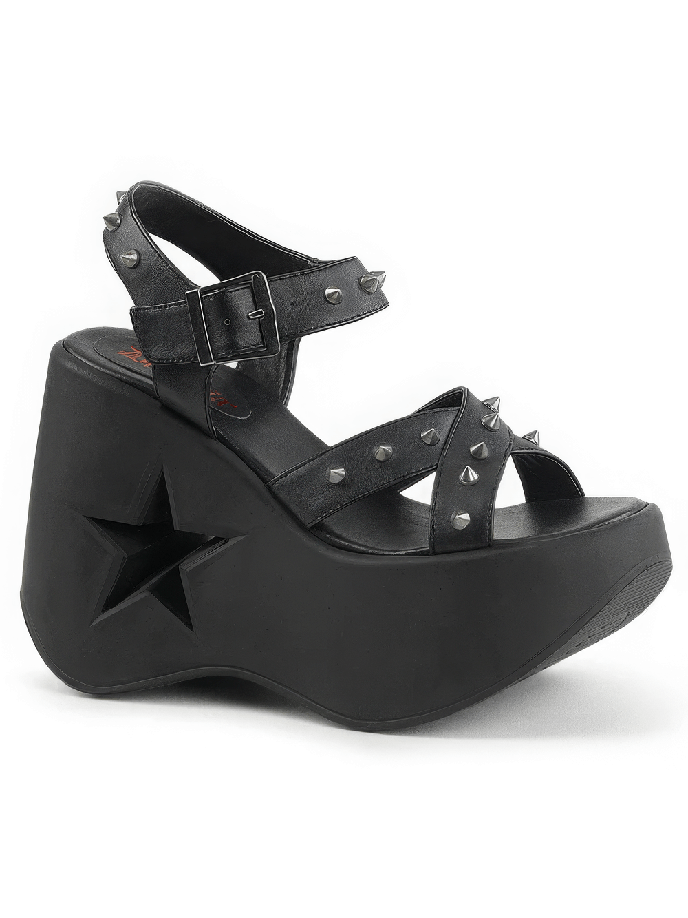 Edgy black vegan leather platform sandals with star cutout and cone spikes, perfect for bold fashion lovers.