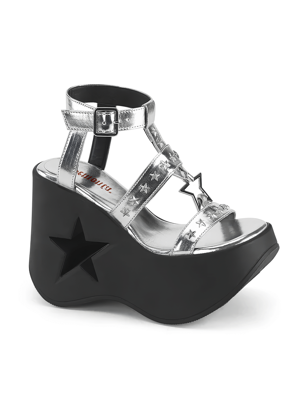 Silver star cutout platform wedge sandals with ankle strap and dramatic star details.