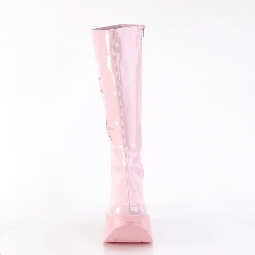 Knee-high pink wedge boots with star cutouts and glitter patches, showcasing a sleek patent design.