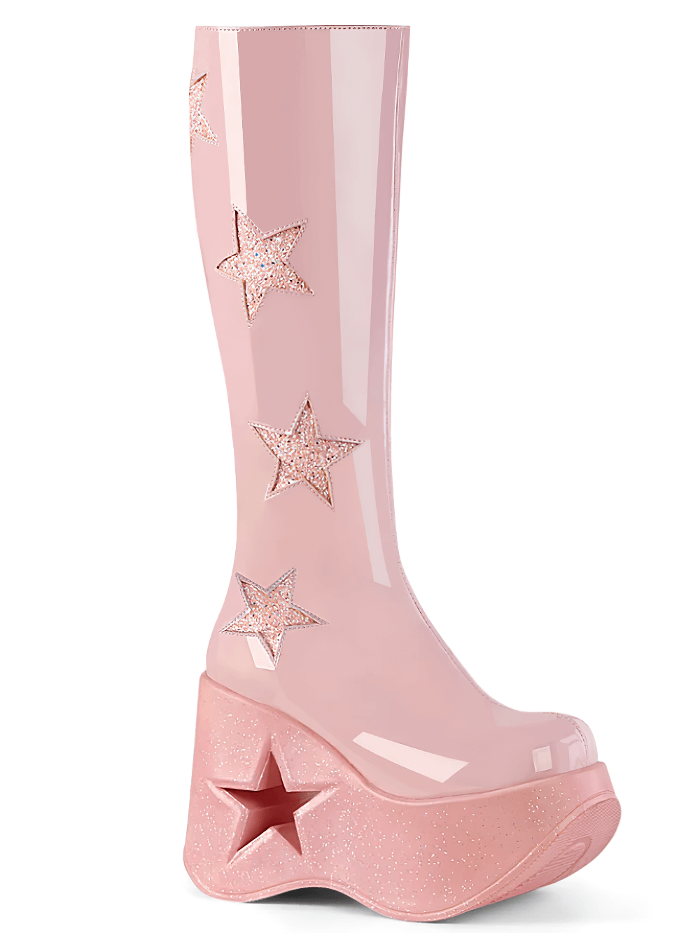 Knee-high pink wedge boots with star cutouts and glitter patches, perfect for a stylish statement.