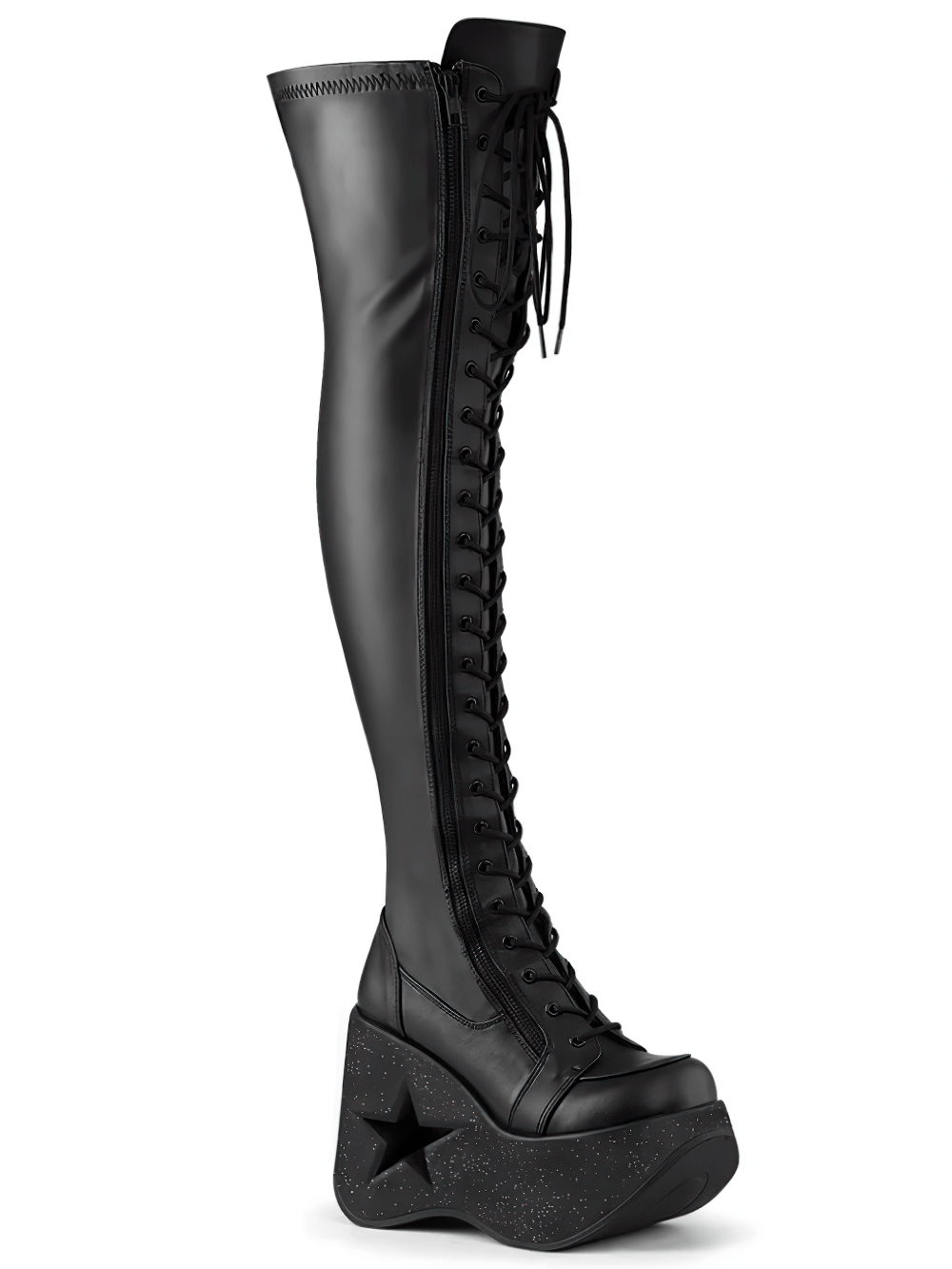 DEMONIA Star Platform Wedge Thigh-High Lace-Up Boots