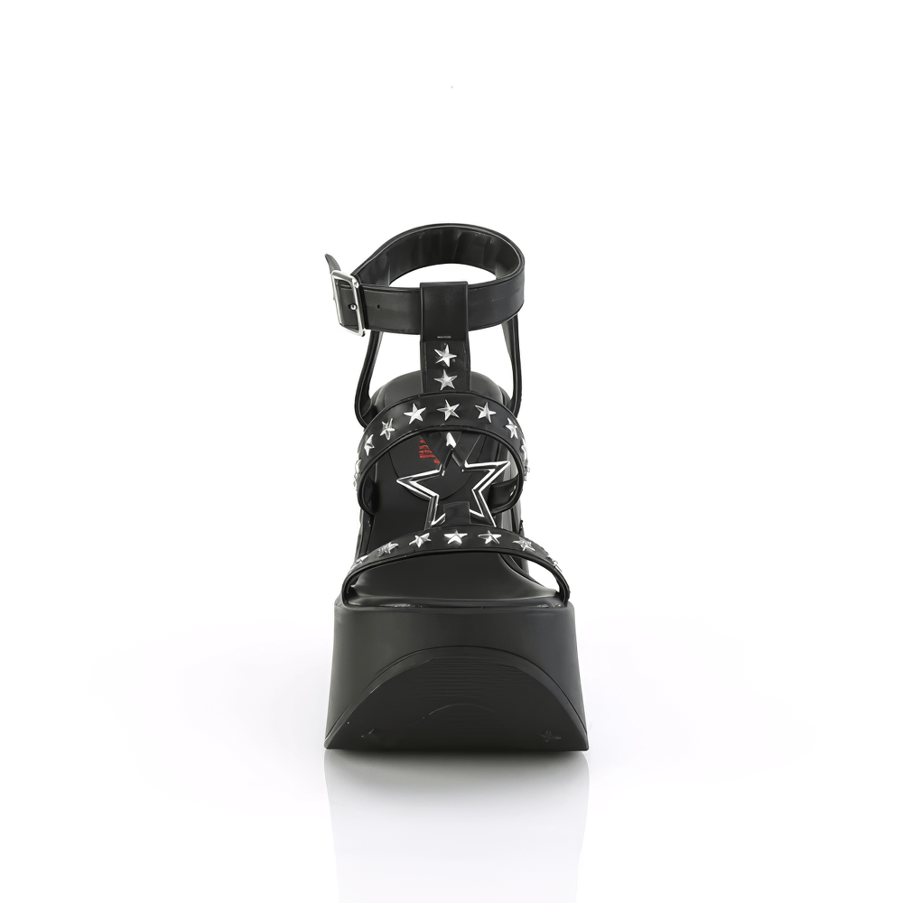 Demonia star-studded platform sandals with wrap-around straps in black vegan leather, showcasing a bold star design.