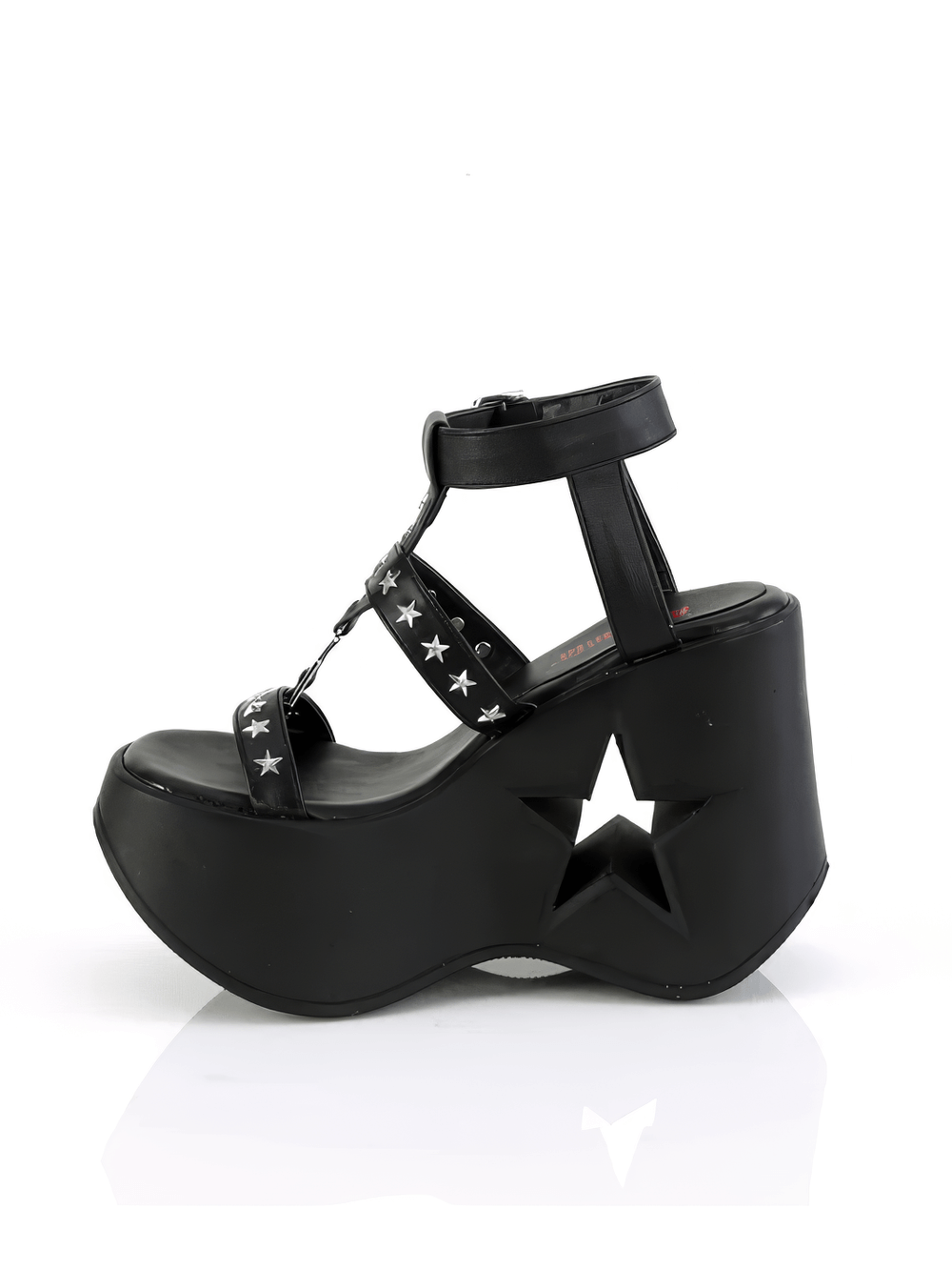 Daring Demonia Star-Studded platform wedge sandals in black vegan leather with wrap-around straps and star details.