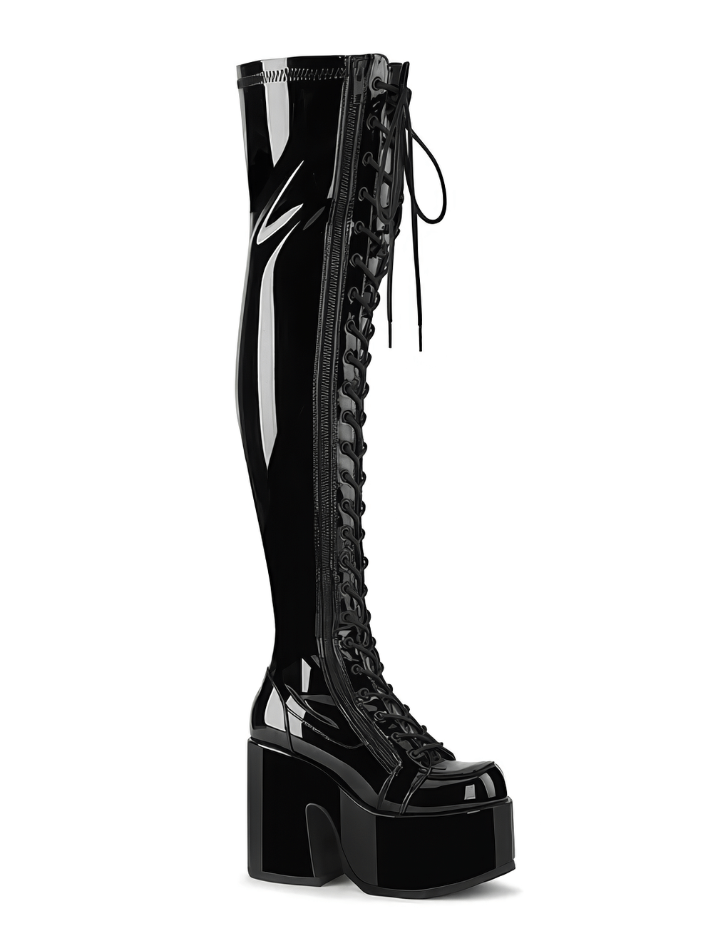 Black patent thigh-high lace-up boots with chunky heel and bold platform, perfect for making a fashion statement.