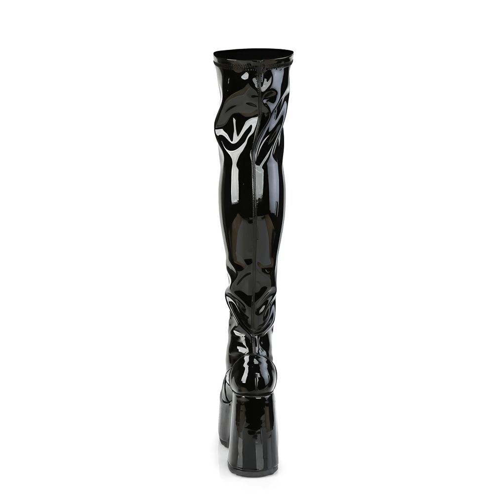 Black patent thigh-high boots with chunky heel, showcasing a sleek and daring design for bold fashion statements.