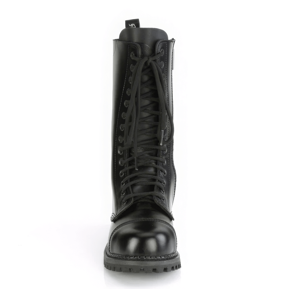 Front view of sturdy black leather steel toe mid-calf lace-up boots for adventurous style and protection.