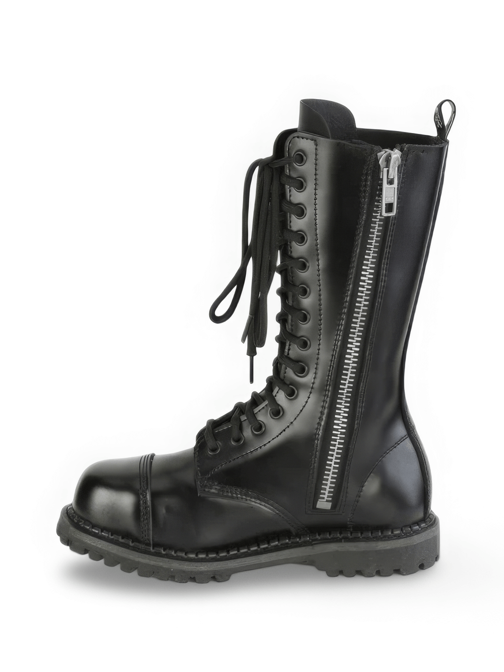 Sturdy black leather mid-calf lace-up boots with a steel toe and zipper, perfect for bold adventures.