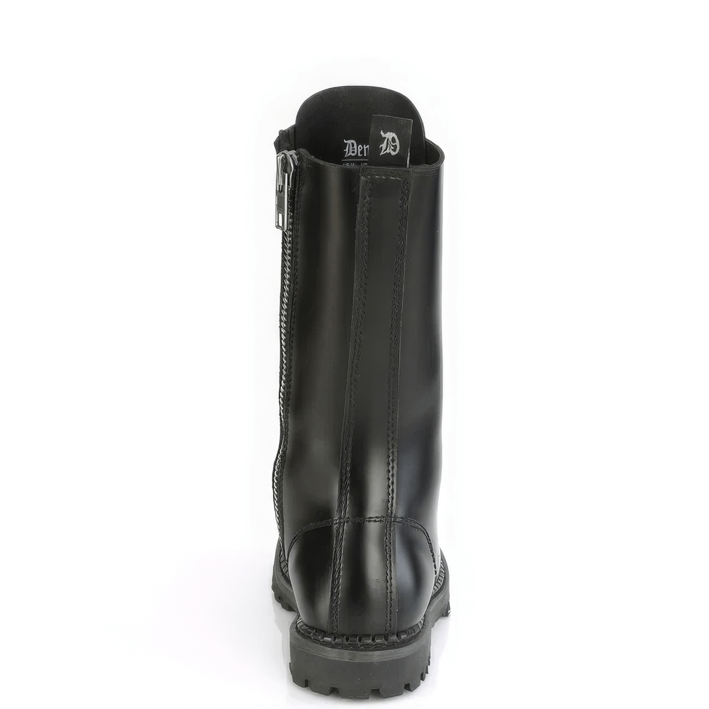 Back view of sturdy black leather Demonia mid-calf boots with zipper and durable sole.