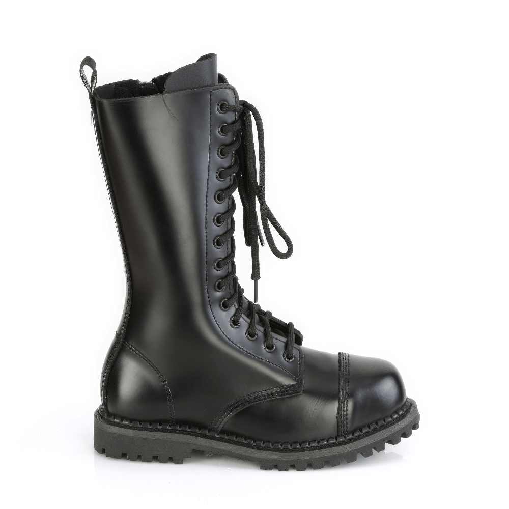 Sturdy black steel toe mid-calf lace-up boots with durable rubber sole and 14-eyelet design.
